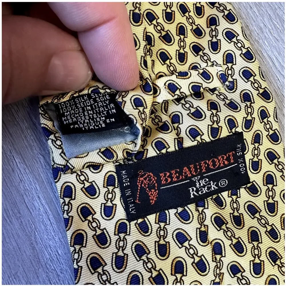 Vintage Beaufort Tie Rack Silk Link Print Tie Equestrian Horse Bit Yellow Blued